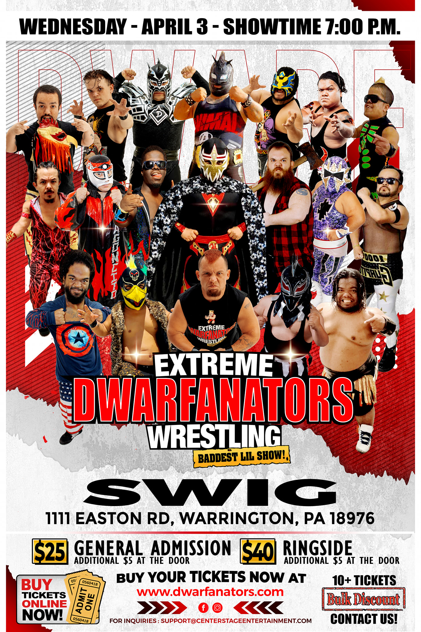 Promotional poster for "extreme dwarfanators wrestling" event showcasing various wrestlers, scheduled for wednesday, april 3rd at 7:00 pm.