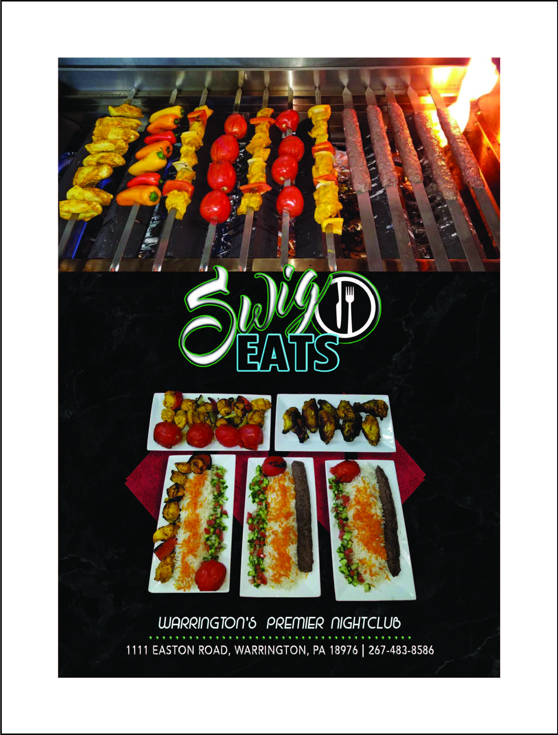 Image showing skewers of food being grilled above, and plates of mixed grilled dishes with rice and vegetables below. "Swig Eats" logo in the center, with address and contact info of a Warrington nightclub.