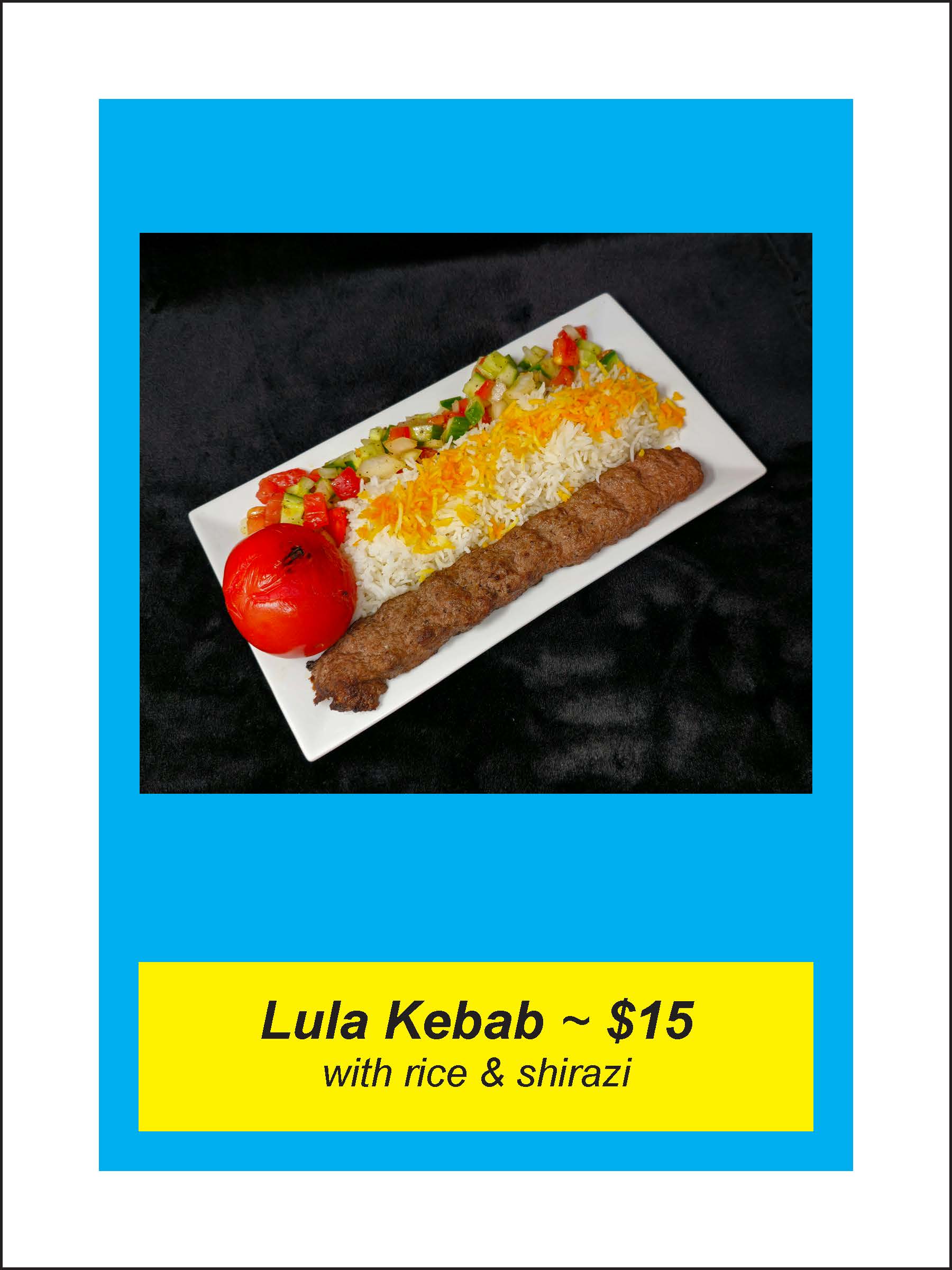 A plate of lula kebab with rice and shirazi salad is shown, priced at $15 as indicated on the label below the image.
