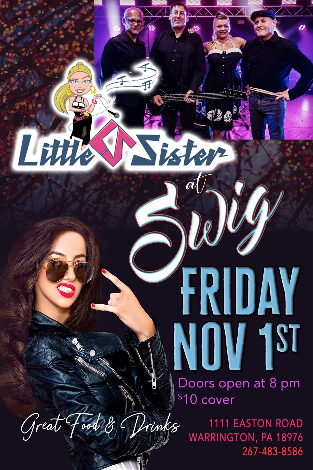 Poster for a performance by Little Sister at Swig on Friday, November 1st. Features the band and event details, including address, cover charge, and time.