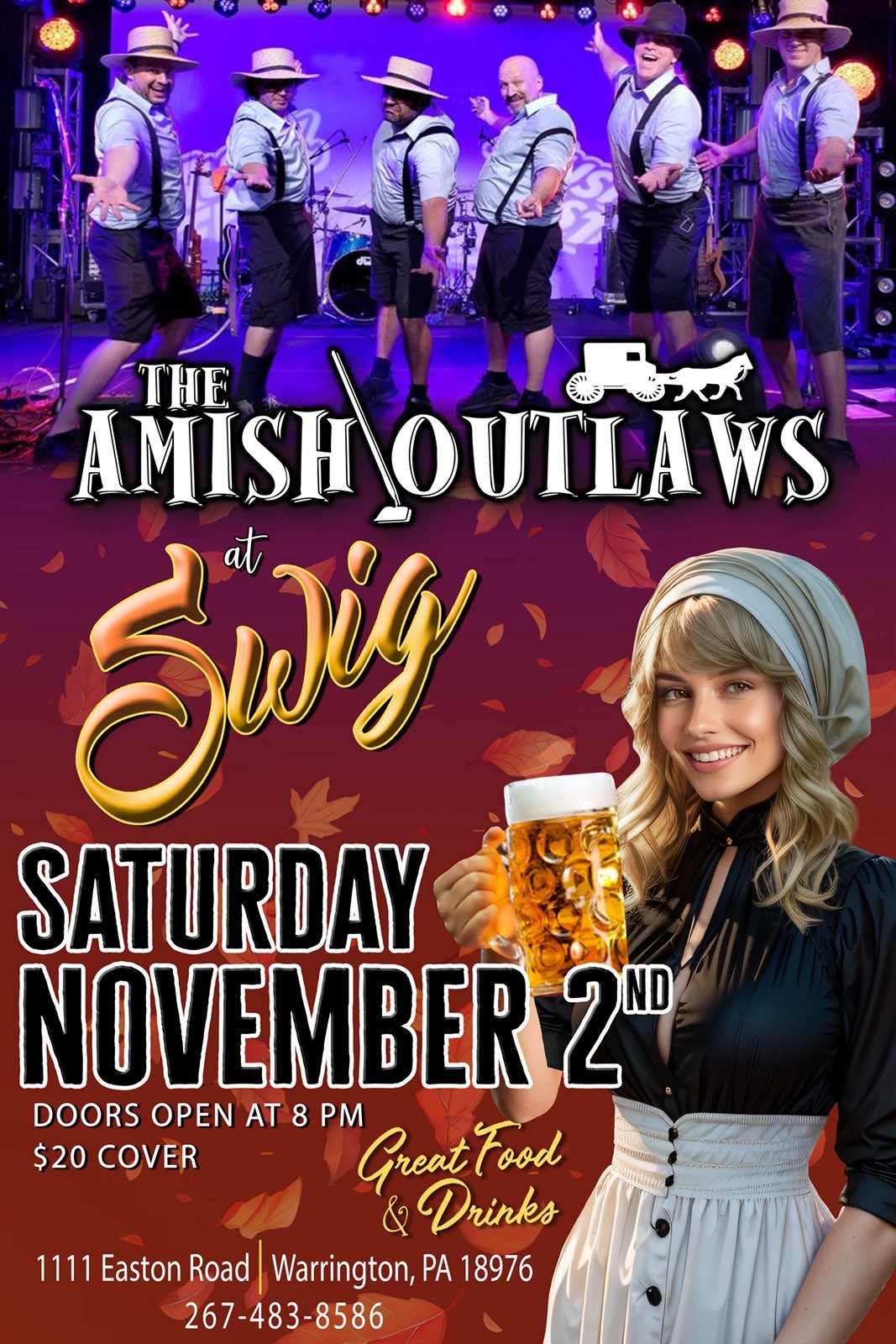 Concert poster for "The Amish Outlaws" at Swig, featuring a performer holding a beer stein. Event on Saturday, November 2nd, with $20 cover charge.