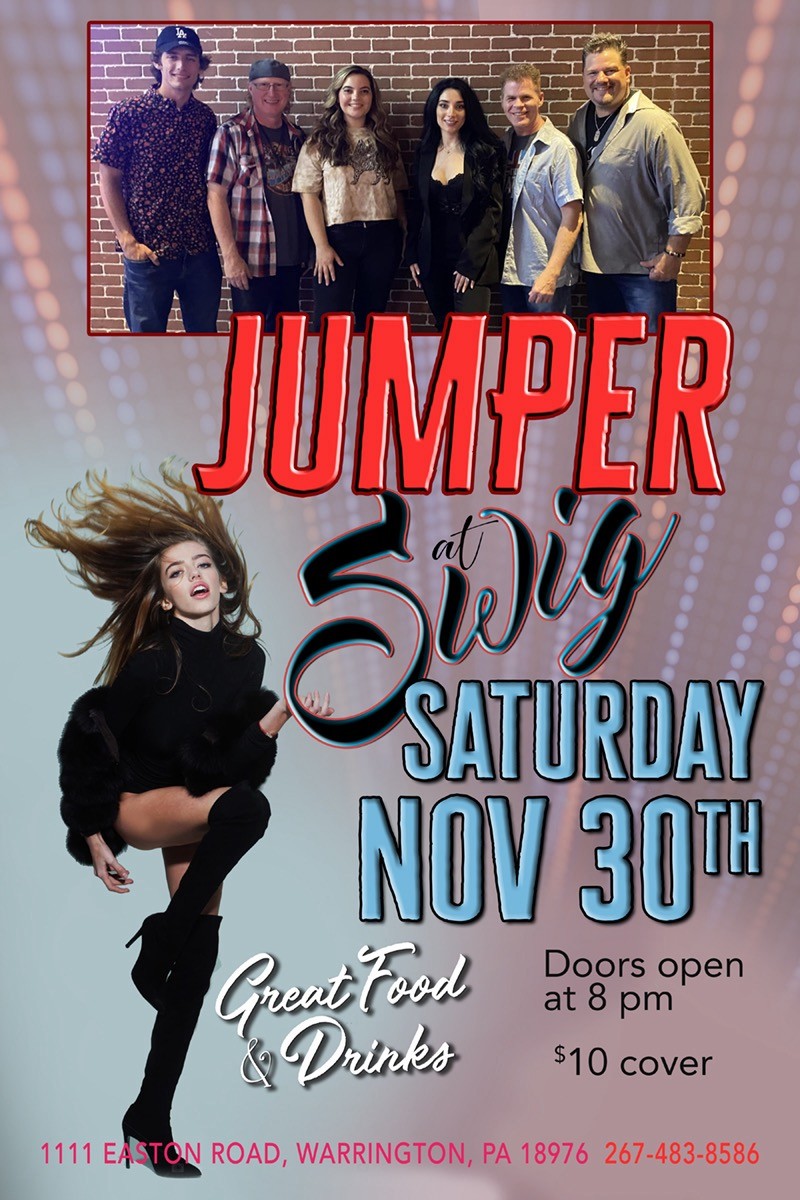 Band members posing; poster for "Jumper" at Wig, Saturday Nov 30th, with a $10 cover charge. Event details and contact info included.