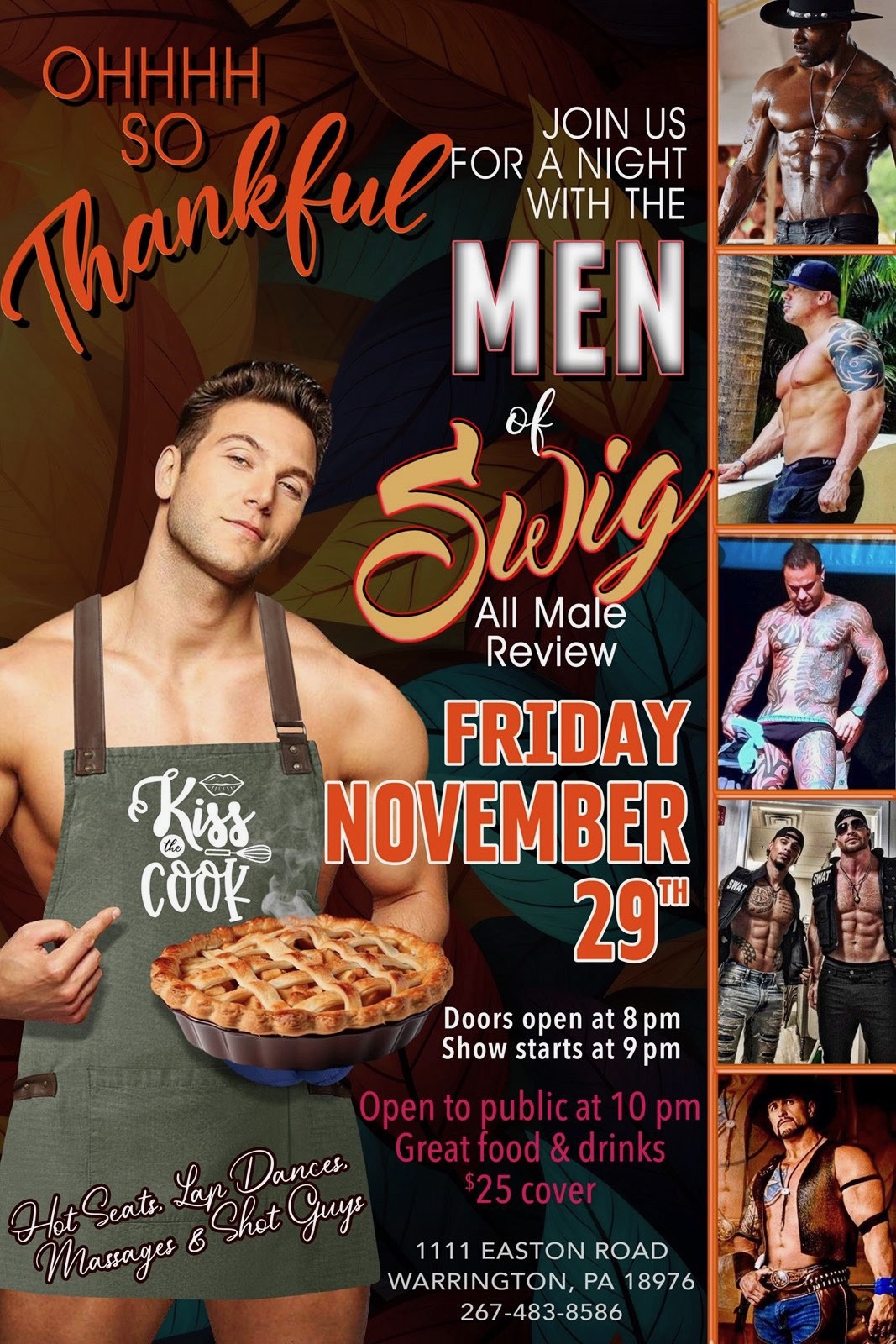 Poster for an all-male revue event titled "Men of SWIG" on Friday, November 29th. Features images of male performers, event details, and a man holding a pie.