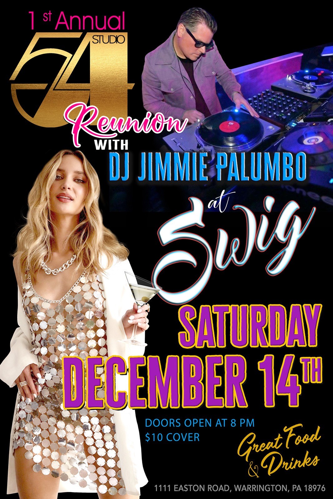 Flyer for "1st Annual Studio 54 Reunion" at Swig featuring DJ Jimmie Palumbo. Event on Saturday, December 14th at 8 PM; cover charge $10. Address: 1111 Easton Road, Warrington, PA 18976.