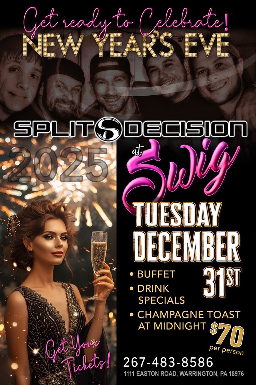 New Year's Eve party poster featuring live music by Split Decision at Swig on Tuesday, December 31st, 2025. Includes buffet, drink specials, and a champagne toast at midnight for $70 per person.