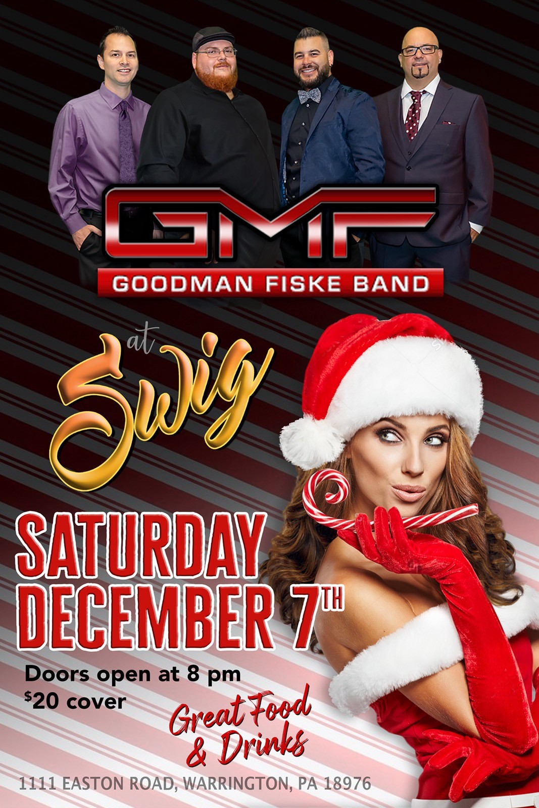 Promotional poster for Goodman Fiske Band at Swig on Saturday, December 7th. Features four band members and a woman in a Santa hat. Event details and location included.