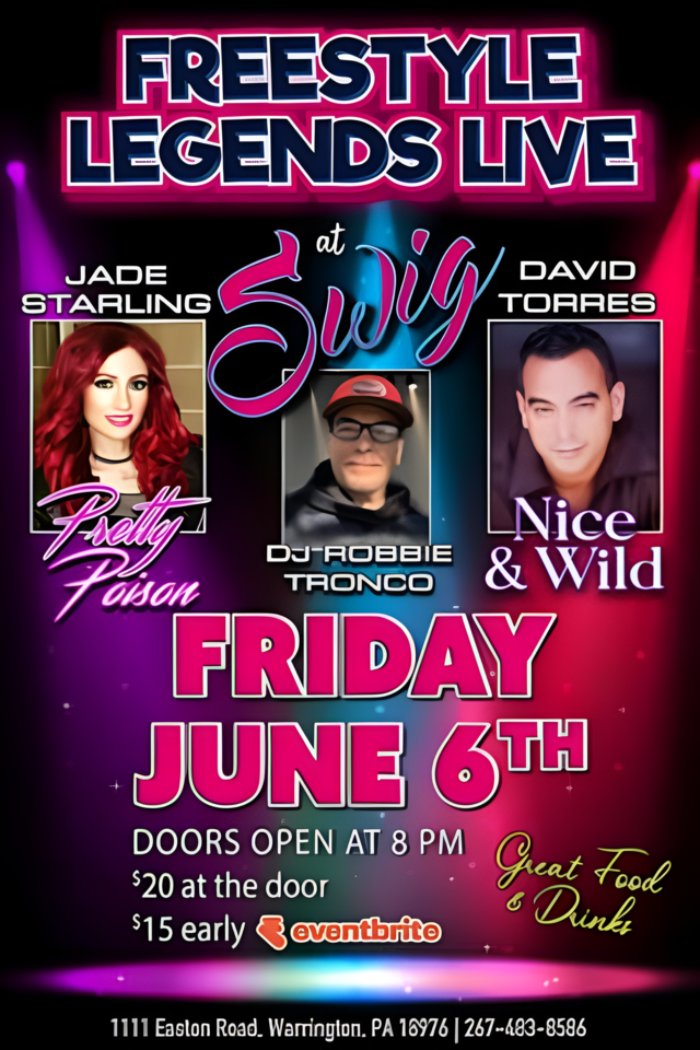 Poster for "Freestyle Legends Live at Swig" on Friday, June 6th, featuring Jade Starling, DJ Robbie Tronco, and David Torres. Doors open at 8 PM. Tickets $15-$20.